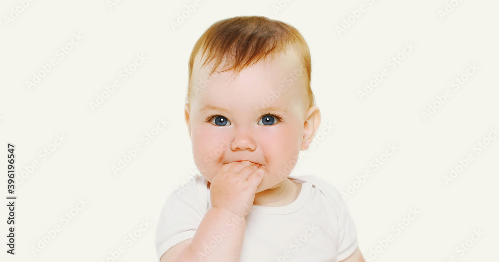 Portrait close up of cute baby isolated on a white background Portrait close up of cute baby isolated on a white background