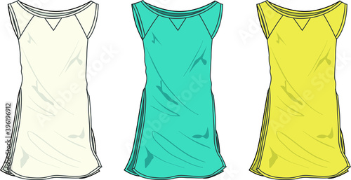 Flat sketch dress design for girls in 3 variants.