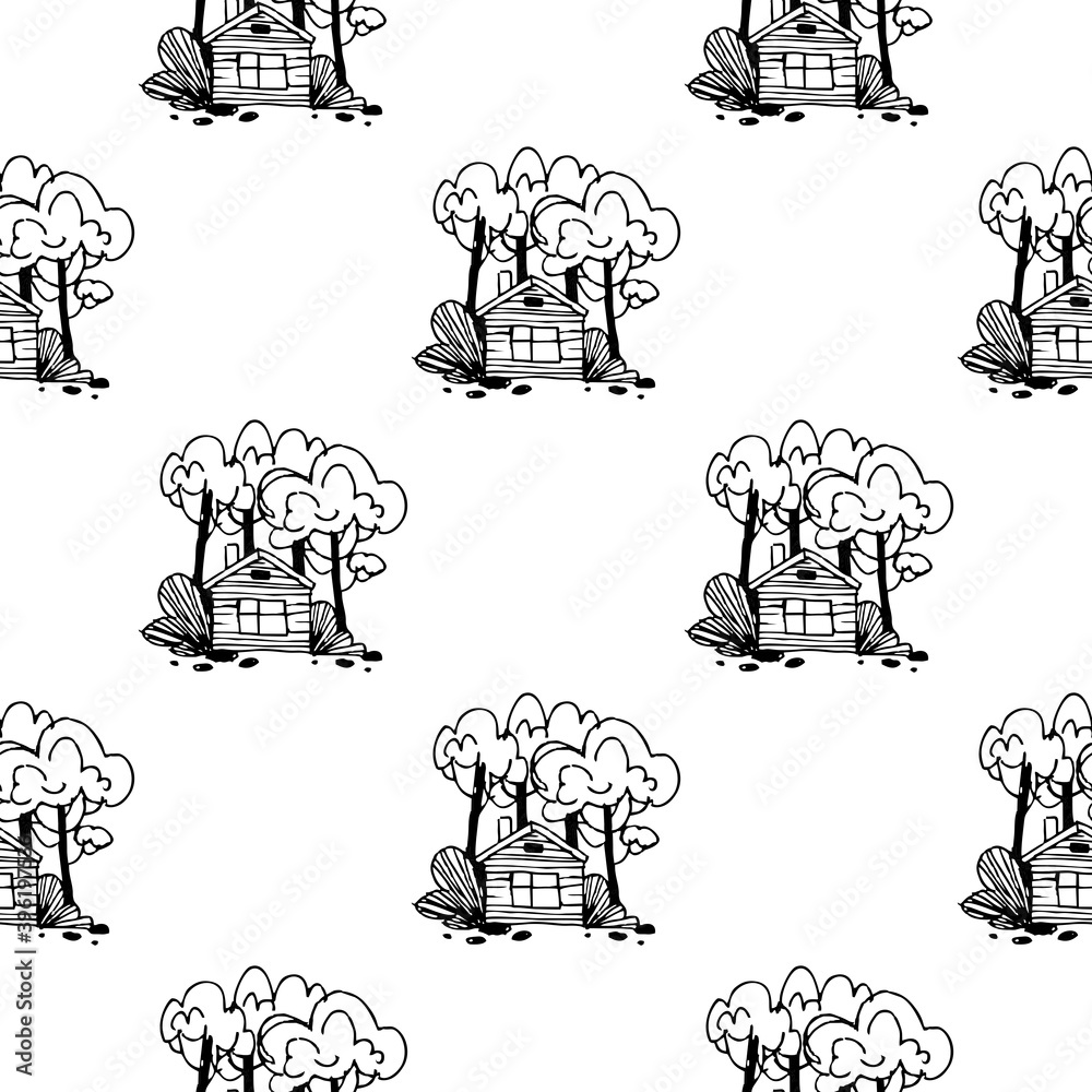 Obraz premium Seamless pattern of children s drawing. House, sun, clouds, trees. Line drawing. Drawn by a child. Suitable for childrens room decoration, fabric, decor. Doodle style.