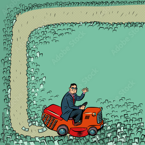 A businessman cuts money with a lawn mower. Finance and income. Wealth