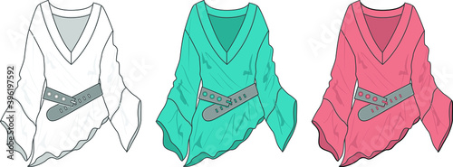 Flat sketch dress design for girls in 3 variants.