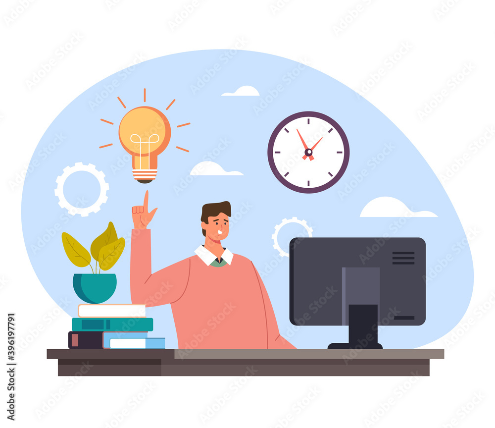 Businessman office worker manager character having good idea and holding finger up. Start up new business fresh idea concept. Vector flat cartoon graphic design illustration