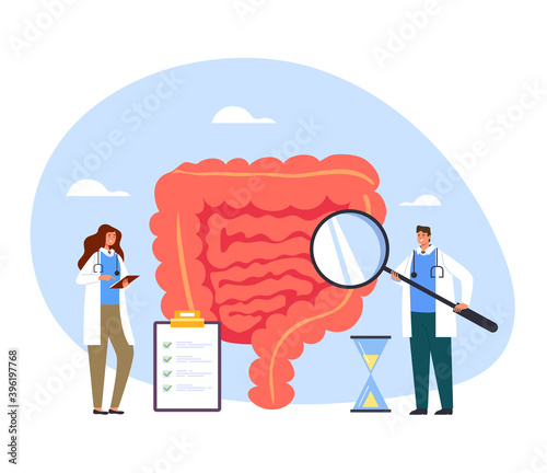 People medicine workers doctors nurse making medicine diagnostic research intestines. Healthcare and medicine concept vector flat cartoon graphic design illustration