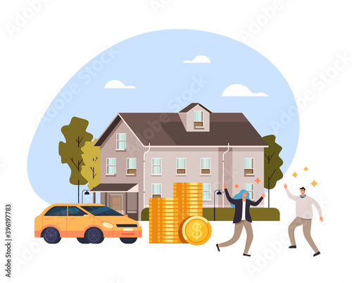 Happy smiling people couple man woman characters buy new car and new house. Bank credit loan deposit concept. Vector flat cartoon graphic design illustration