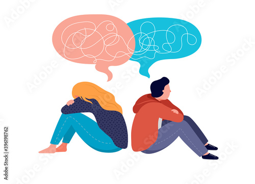 Young people, teenagers, couple of girl and boy, sitting back to back, sad and angry on each other. Breaking up, relationship issues, broken heart, separating concept