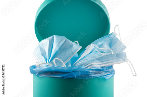 Doctor mask to Used mask for wearing germ protection Coronavirus or covid 19 for doctors into a trash bin in isolated on white background, disposing of surgical masks responsibly after use Concept