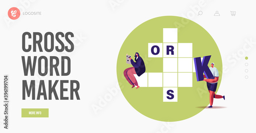 Recreation, Brain Training, Puzzle Solving Landing Page Template. Tiny Characters Put Huge Letters in Crossword Boxes