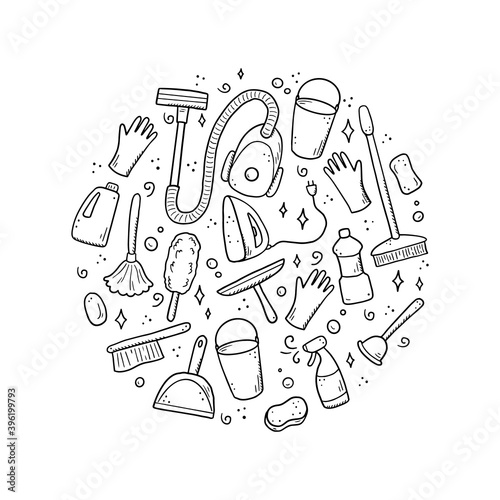 Hand drawn set of cleaning equipments, sponge, vacuum, spray, broom, bucket. Comic doodle sketch style. Clean element drawn by digital brush-pen. Illustration for icon, frame, background.
