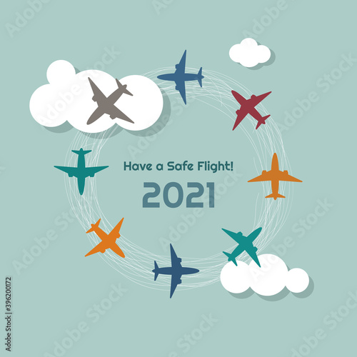 2021 Happy New Year With Colorful Airplanes and Clouds