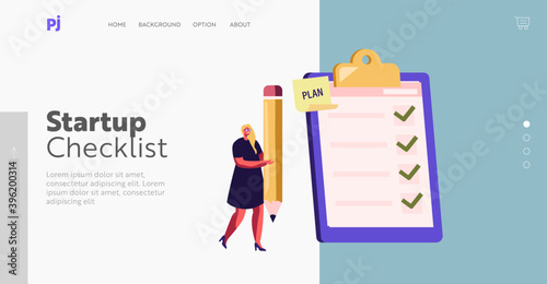 Business Woman Planning, Make Notes in Textbook Landing Page Template. Tiny Businesswoman Character with Huge Pencil