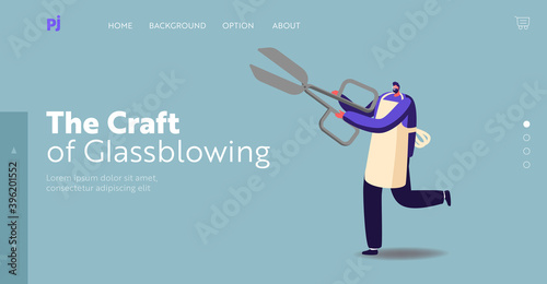 Tiny Male Character Wearing Apron Holding Huge Scissors Landing Page Template. Barber with Tool for Hair Cutting