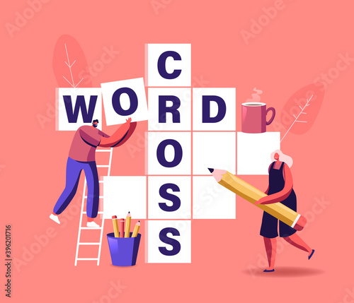 Spare Time Brain Training, Puzzle Solving Concept. Tiny Characters Solve Huge Crossword Filling Empty Boxes with Letters