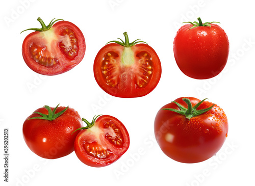 Several whole tomato in drops of water and slices isolated on a white background. agriculture, background, big, chopped, closeup, collection, cut, cut out, diet, drop, droplets, eat, flare, food, fres