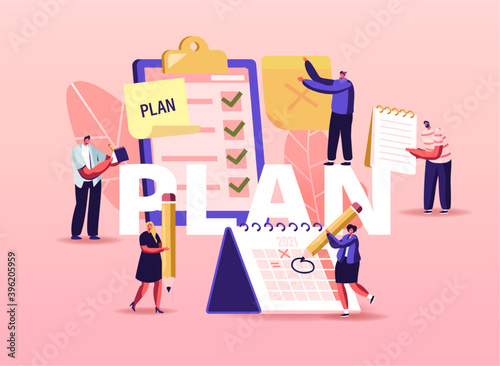 Plan Concept. Business Characters at Huge Clipboard with Check List Filling Marks Searching Solution, Scheduling Poster