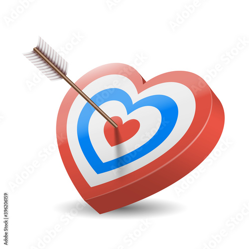 3d heart shape target with arrow in bullseye center isolated rendering