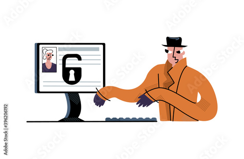 Vector flat isolated illustration with hacker, identity thief at work. Concept doxing, hacking, pwned, security of social networks and personal data.