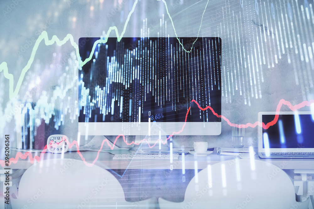 Multi exposure of stock market chart drawing and office interior background. Concept of financial analysis. Multi exposure of stock market chart drawing and office interior background. Concept of financial analysis.