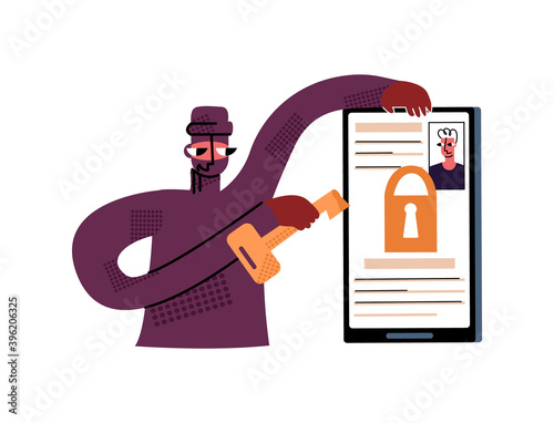 Vector flat isolated illustration with hacker, identity thief at work. Concept doxing, hacking, pwned, security of social networks and personal data.