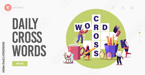 Brain Training, Puzzle Solving Landing Page Template. Tiny Characters Solve Huge Crossword. Spare Time Recreation