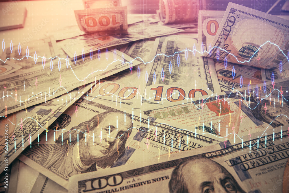 Multi exposure of forex chart drawing over us dollars bill background. Concept of financial success markets. Multi exposure of forex chart drawing over us dollars bill background. Concept of financial success markets.