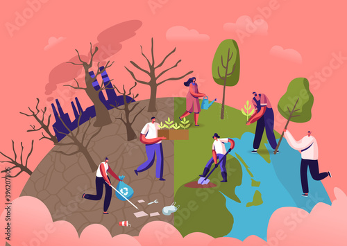 Reforestation and Revegetation Eco Concept. Characters Pick Up Trash, Planting Seedlings and Trees into Soil in Garden
