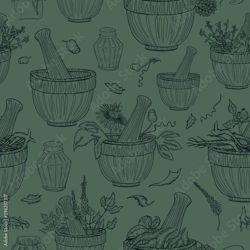 Seamless Pattern with Herbals Parts and Utensils