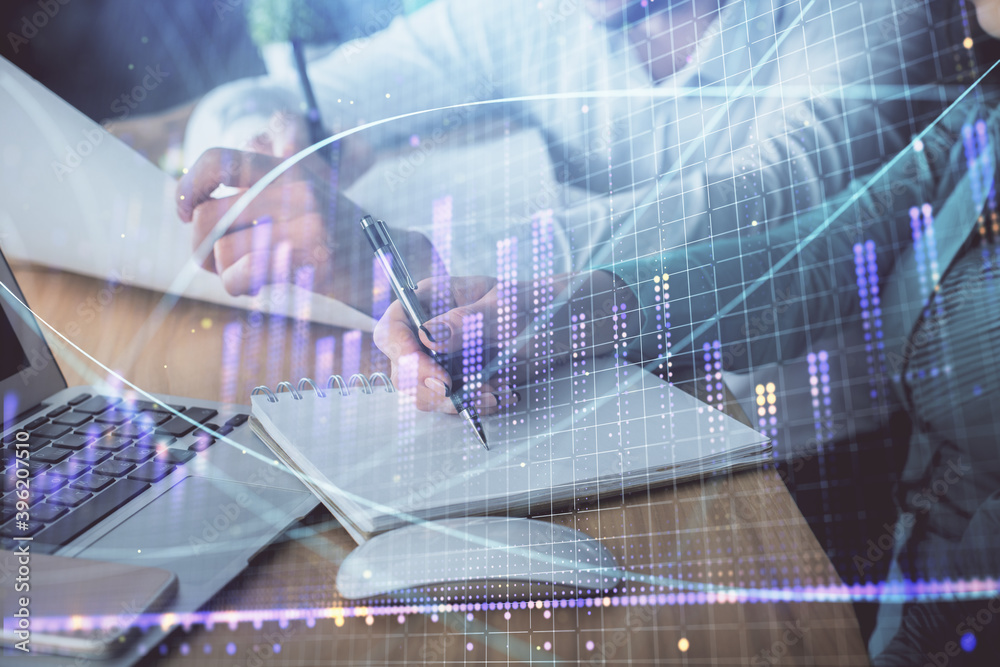 Double exposure of forex chart drawing over people taking notes background. Concept of financial analysis Double exposure of forex chart drawing over people taking notes background. Concept of financial analysis