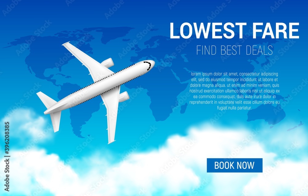 Lowest fare vector poster with realistic airplane. Cheap flight business promotion, airline promo offer, tickets sale. Book now online travel service, 3d plane flying in sky with world map and clouds