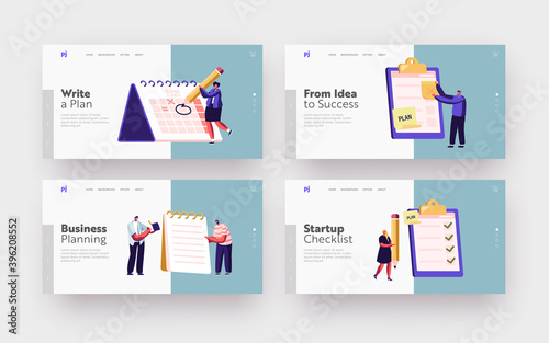 Scheduling, Planning, Plan Writing Landing Page Template Set. Business Characters Stand at Huge Clipboard with Checklist
