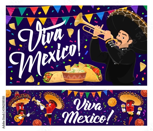 Mexican holiday food and mariachi banners, vector Viva Mexico. Red chilli pepper musician characters, sombrero, maracas and trumpet, taco, burrito, avocado guacamole and nachos with bunting garland