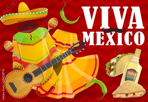 Viva Mexico holiday food and Mexican fiesta clothes. Vector sombrero hat, maracas and guitar, chilli and jalapeno peppers, tequila margarita, taco and quesadilla, mariachi musician moustaches, dress