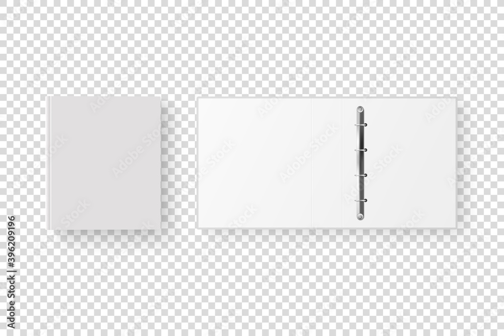 Vector 3d Closed and Opened Realistic White Blank, Empty Office Binder Set with Metal Rings for A4 Paper Sheet Closeup Isolated on Transparent Background. Design Template, Mockup, Top View Vector 3d Closed and Opened Realistic White Blank, Empty Office Binder Set with Metal Rings for A4 Paper Sheet Closeup Isolated on Transparent Background. Design Template, Mockup, Top View