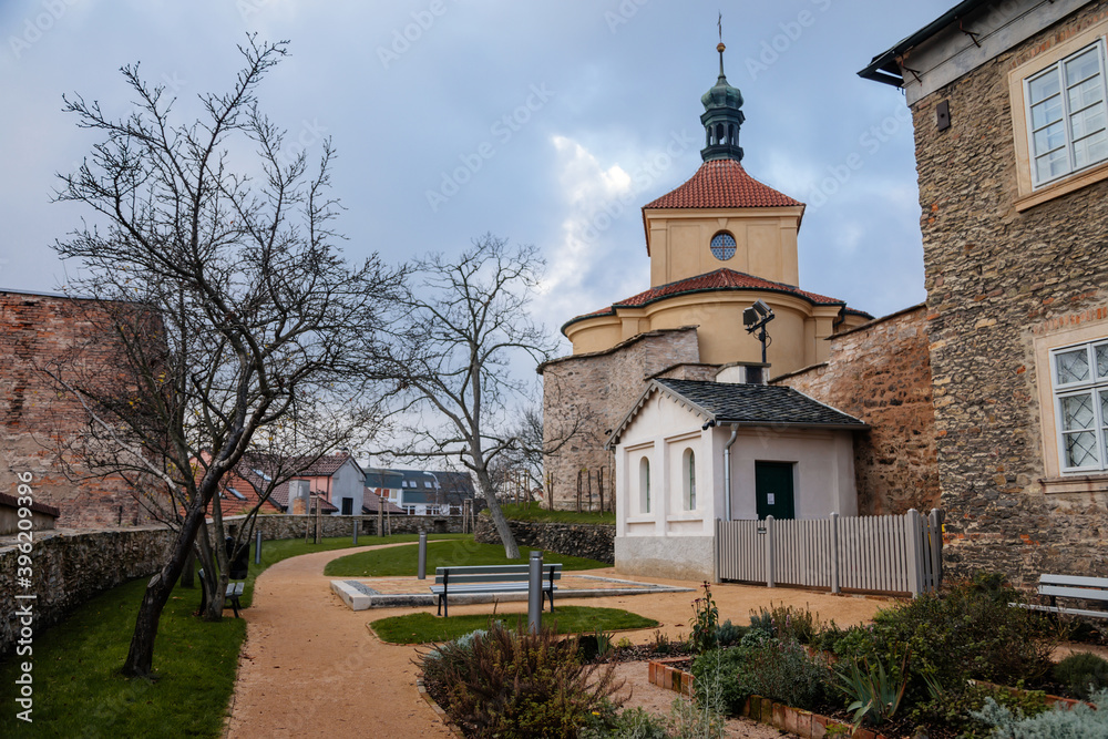 Green outer bailey park, rose and herb garden near Regional Dvorak´s Museum, baroque building of Ossuary, Kolin, Czech republic Green outer bailey park, rose and herb garden near Regional Dvorak´s Museum, baroque building of Ossuary, Kolin, Czech republic