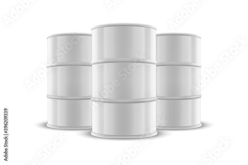 Vector 3d Realistic Illustration. White Simple Glossy Metal Oil, Fuel, Gasoline Barrel Set Closeup Isolated on White Background. Design Template of Packaging for Mockup. Front View