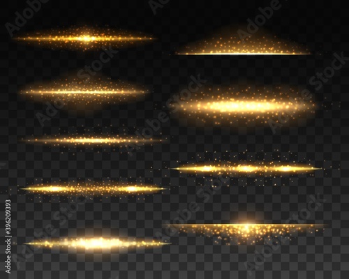 Gold glowing lines with light effects realistic vector design. 3d golden sparks, flares and sparkling glitters, shining lines with bright flashes and yellow particles on transparent background
