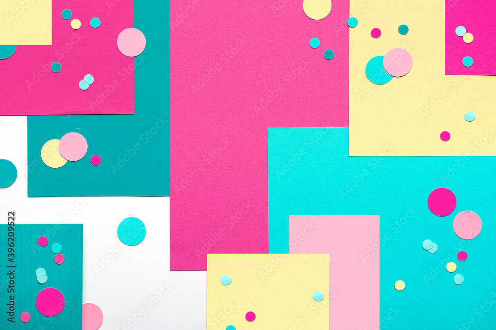 Greeting card with circle round particles and flowers in small envelope. Concept geometric flat lay, top view on layered paper background. Striking colors, creative thank you design Greeting card with circle round particles and flowers in small envelope. Concept geometric flat lay, top view on layered paper background. Striking colors, creative thank you design