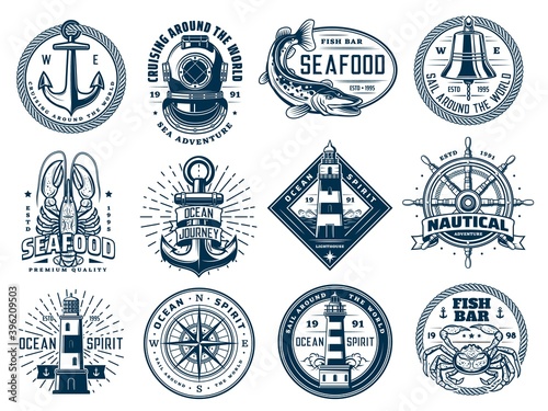 Nautical anchor, ship helm, lighthouse and fish, vector marine wave icons or t-shirt prints. Ocean sailing navigation compass, seafood bar lobster crab and retro aqualung sign for sea diving club