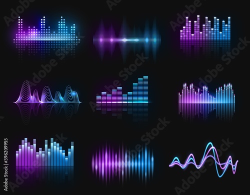 Music equalizers, vector audio or radio waves, sound frequency neon track lines. Digital player display waveform, hud technology for tune bar, soundwave recorder signal. Song studio pulse isolated set