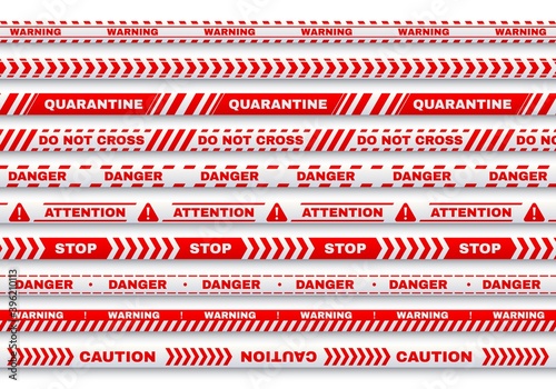 Red security warning vector tapes with typography Quarantine, Caution, Do not cross, Danger for web, police, detective or criminal and law. Accident or murder place fencing, forbidden territory pass