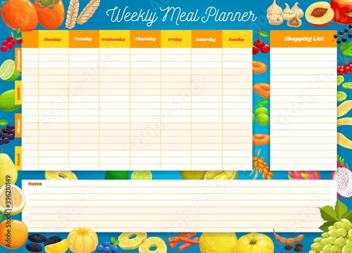 Weekly meal planner, vector timetable, week food plan organizer. Calendar menu for breakfast, lunch, dinner and snack with shopping list for grocery purchases. Diary template for personal dieting