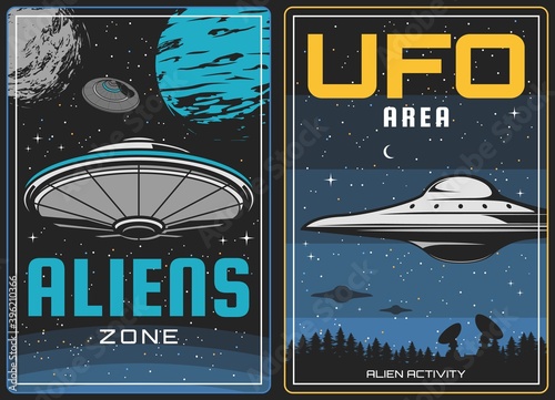 Tela UFO aliens and outer space, universe planets, vector vintage poster
