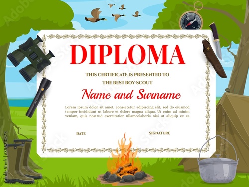 Boy scout diploma vector template. Camping equipment binoculars, tent and compass with flashlight, cooking bowl, boots and hunting knife near camp fire. Educational children certificate cartoon design