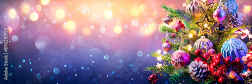 Christmas Tree And Baubles On Abstract Defocused Background