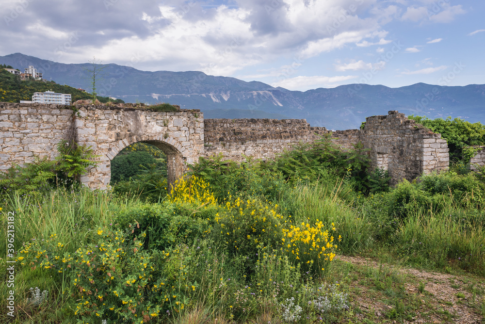 Mogren Fortress on a seaside hill in Budva city, Montenegro