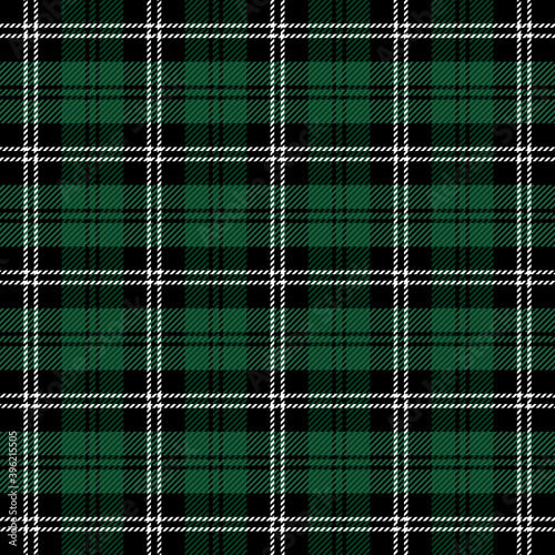 Christmas and new year tartan plaid. Scottish pattern in black. green and white cage. Scottish cage. Traditional Scottish checkered background. Seamless fabric texture. Vector illustration