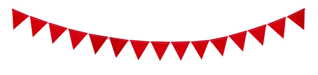 Red triangle flags hanging on white background. Christmas or birthday decoration