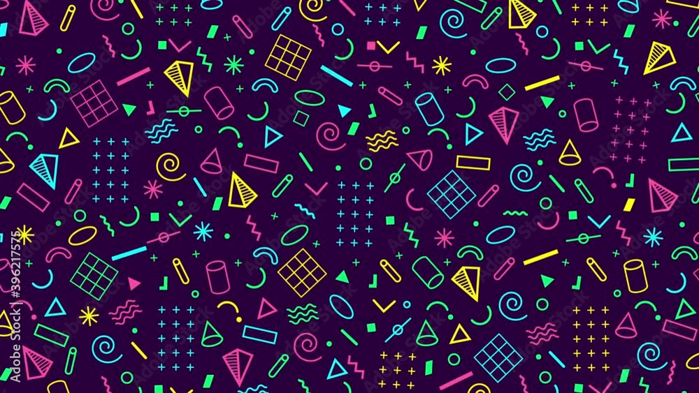 Abstract 4k animation of a retro pattern background with geometrical shapes and lines. 80s 90s Memphis style. Violet, yellow, neon green, cyan and pink color palette.