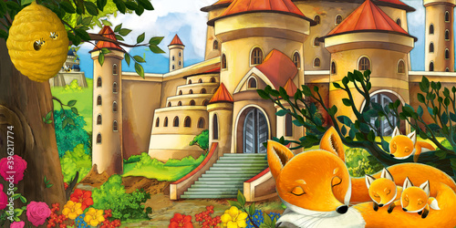 Wallpaper Mural Cartoon nature scene with beautiful castle near the forest with forest animal Torontodigital.ca