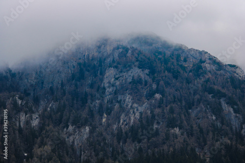 View of the mountain  the top of which is covered with fog in the early autumn morning  selective focus.