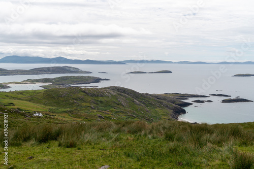 Amazing panoramic view from Com an Chiste Pass, Ring of Kerry, Iveragh Peninsula, County Kerry, Ireland, Europe. Part of Wild Atlantic Way